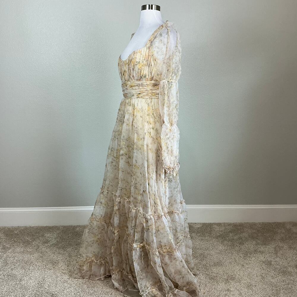 Mac Duggal 68288 Cream Evening Gown Floral Chiffon Long Sleeve Dress Size 10 - Picture 5 of 11